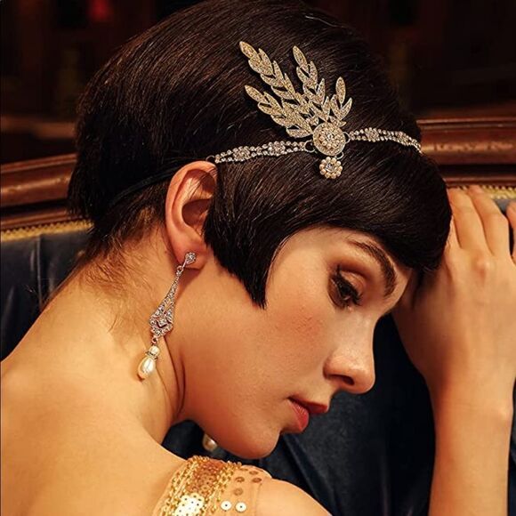 ✨ NWT Art Deco 1920’s Gatsby Flapper Crystal Rhinestone & Pink Pearl, Gold - Picture 2 of 4